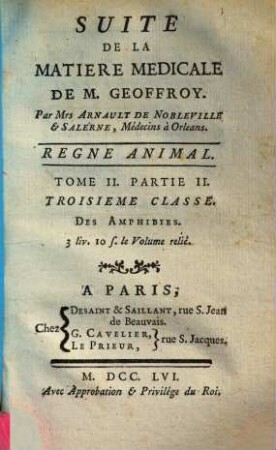 Suite De La Matiere Medicale De M. Geoffroy. Tome II. Partie II., Regne Animal