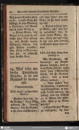 14. Wot teho nadneho Powołanja Bożeho, so by ton Rjeschnik ßo wobrocżił