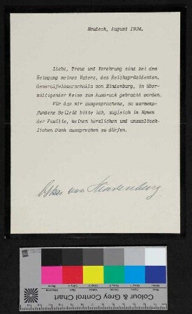 Trauerschreiben von Hindenburg betreffend den Tod seines Vaters, August 1934