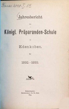 Jahresbericht der Präparandenschule zu Edenkoben. 1892/93