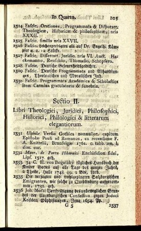 Sectio II. Libri Theologici, Juridici, Philosophici, Historici, Philologici & litterarum elegantiorum.