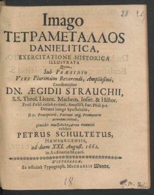 Imago Tetrametallos Danielitica : Exercitatione Historica Illustrata
