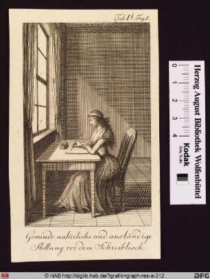 Schreibende Frau an einem Tisch