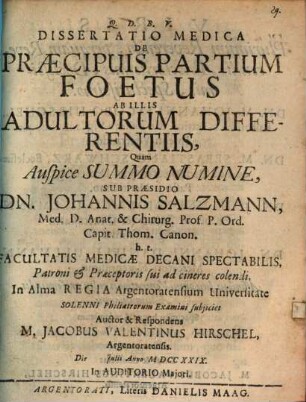 Diss. med. de praecipuis partium foetus ab illis adultorum differentiis