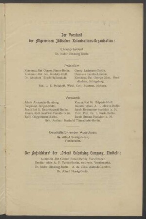 Der Vorstand der Allgemeinen Jüdischen Kolonisations-Organisation