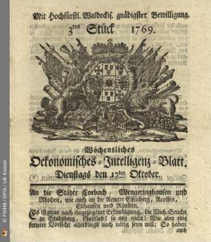 3tes Stück, Dienstags den 17ten Oktober 1769