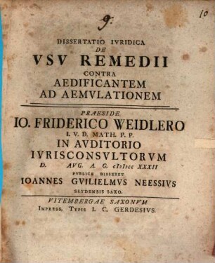 Dissertatio Ivridica De Vsv Remedii Contra Aedificantem Ad Aemvlationem