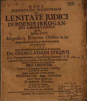 Dissertatio Inauguralis De Lenitate Iudici In Poenis Irrogandis Observanda