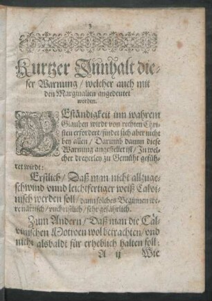 Kurtzer Innhalt dieser Warnung/ welcher auch mit den Marginalien angedeutet worden.