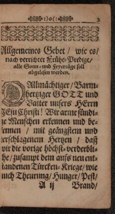 Allgemeines Gebet/ wie es nach verrichteter Frühe-Predigt/ alle Sonn- und Feyertäge soll abgelesen werden.