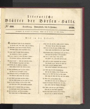 No 460. Hamburg. Sonnabend, den 2. Januar. 1830.