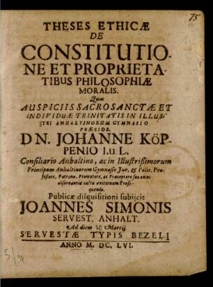 Theses Ethicae De Constitutione Et Proprietatibus Philosophiae Moralis