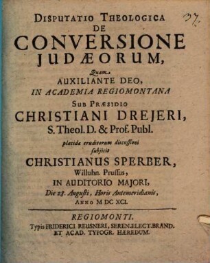 Disputatio Theologica De Conversione Judaeorum