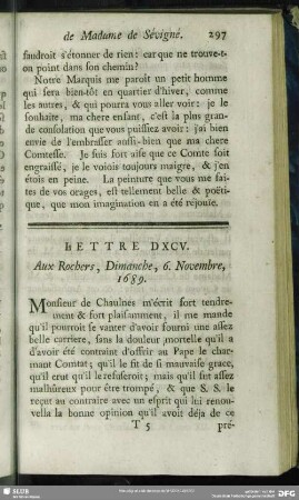 Lettre DXCV. Aux Rochers, Dimanche, 6. Novembre, 1689