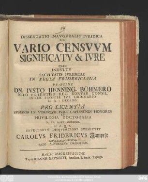 Dissertatio Inavgvralis Ivridica De Vario Censvvm Significatv & Ivre