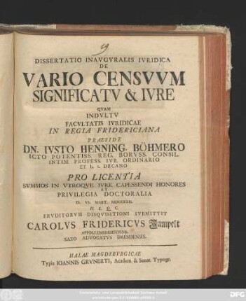 Dissertatio Inavgvralis Ivridica De Vario Censvvm Significatv & Ivre