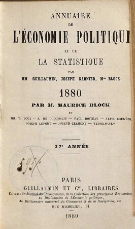 Annuaire de l'économie politique et de la statistique. 1880 = A. 37