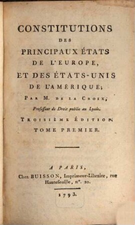 Constitutions des principaux états de l'Europe et des États-Unis de l'Amérique, 1