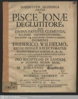 1: Dissertatio Academica ... De Pisce Jonae Deglutitore