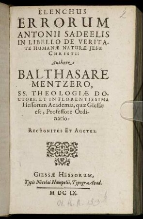 Elenchus Errorum Antonii Sadeelis In Libello De Veritate Humanae Naturae Jesu Christi
