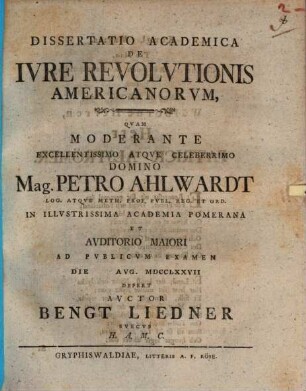 Dissertatio academica de iure revolutionis Americanorum