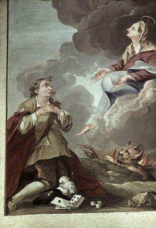 Knieender junger Herr mit Spielkarten, der vom Teufel bedroht wird und durch Maria Christus empfohlen wird
