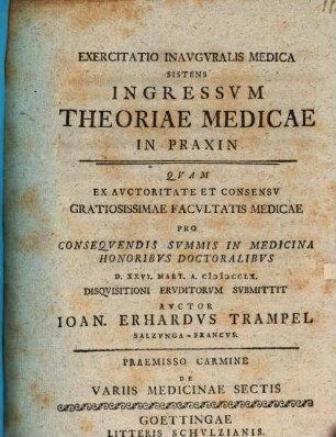 Exercitatio inauguralis medica sistens ingressum theoriae medicae in praxin