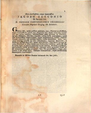Reverendissimo Patri Joanni Chrysostomo Trombellio Canon. Reg. Congr. Renanae