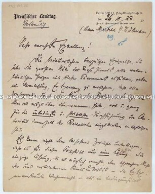 Privatbrief des Reichstagsabgeordneten der Zentrumspartei Franz von Papen an den Chef der Heeresleitung Hans von Seeckt mit Versicherung der Unterstützung gegen die Reichsregierung des Kabinett Stresemann I