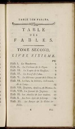 Table des Fables. Tome Second.