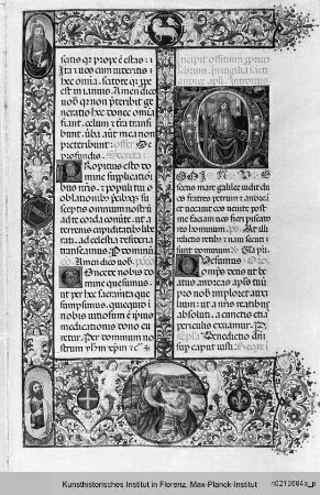 Messale : Buchseite mit Randbordüre, eingeschlossenem Medaillon mit der Berufung des Apostels Andreas, Text und historisierter Initiale D mit Andreas
