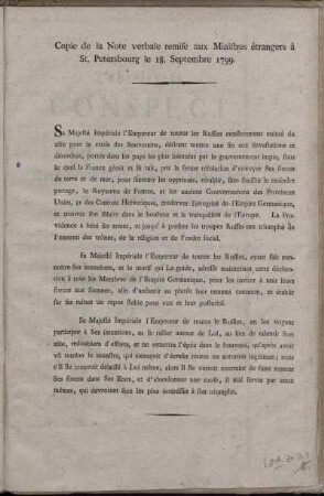 Copie de la Note verbale remise aux Ministres étrangers à St. Petersbourg le 18. Septembre 1799