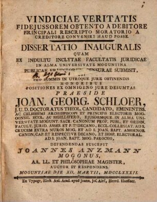 Vindiciae veritatis, fideiussorem, obento a debitore principali rescripto moratorio, a creditore conveniri haud posse
