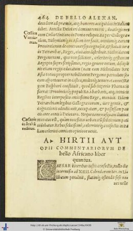 A. Hirtii Aut Opii Commentariorum De bello Africano liber quintus