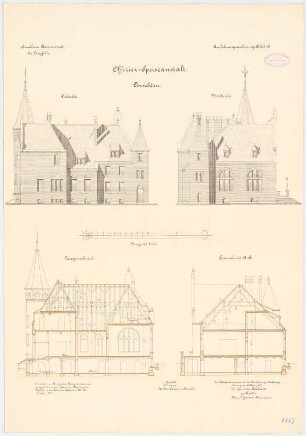 Kavallerie Kasernement, Danzig-Langfuhr Offizier Speiseanstalt: Längsschnitt und Querschnitt, Ostansicht, Nordansicht, 1:100