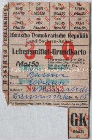 Fragment einer Lebensmittelkarte aus der DDR