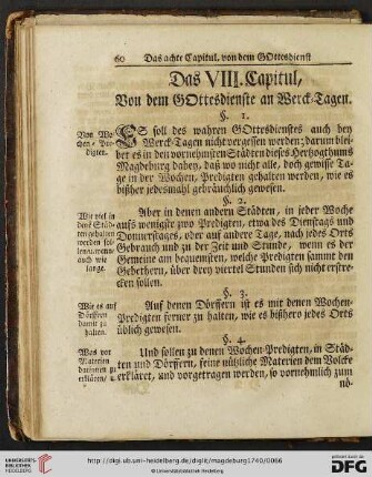 Das VIII. Capitul: Von dem Gottesdienste an Werck-Tagen