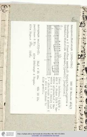 Ouverture a 2 Flaut: Tr. e Hautb. / 2 Violin. Viola, Fagotto e Cembalo. / Christoph Graupner.