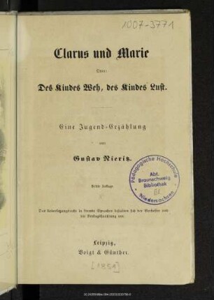 Clarus und Marie oder: Des Kindes Weh, des Kindes Lust : eine Jugend-Erzählung