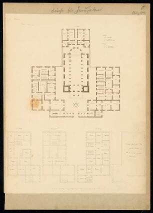 Kirche für Jerusalem Monatskonkurrenz März 1842: Grundriss Erdgeschoss, 1. und 2. Obergeschoss; Maßstabsleiste, Raumplan