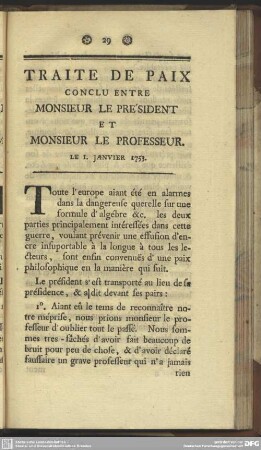 Traite De Paix Conclu Entre Monsieur Le President Et Monsieur Le Professeur