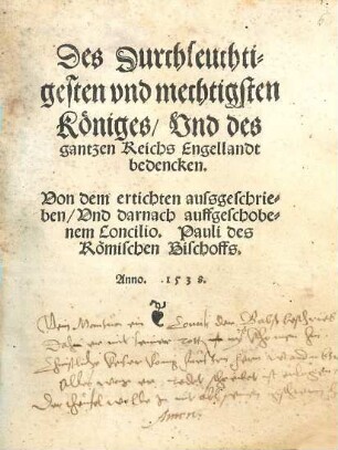 Des Durchleuchtigesten vnd mechtigsten Königes, Und des gantzen Reichs Engellandt bedencken