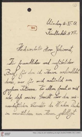Korrespondenz Rudolf Unger / Heinrich Rickert: Brief von Rudolf Unger an Heinrich Rickert