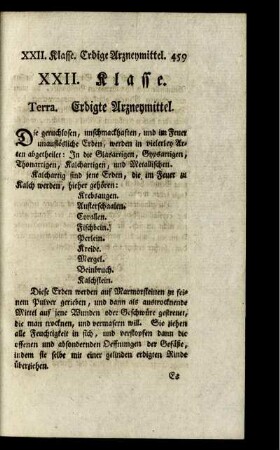 XXII. Klasse. Terra. Erdige Arzneymittel.