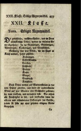 XXII. Klasse. Terra. Erdige Arzneymittel.
