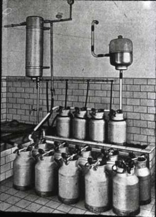 Berieslung der Milchkannen mit dem Kühlring