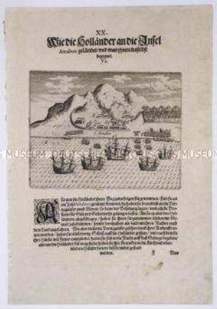 Wie die Holländer an der Insel Annobón landeten und was ihnen dort begegnete - Tafel 69 aus de Bry, Amerika II