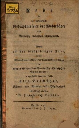 Rede bei der Gedächtnißfeier der Wohltäter des berlinisch-kölnischen Gymnasiums