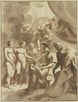 Minerva und Apollo unterweisen ein Kind in den Künsten und Wissenschaften, dabei die drei Grazien sowie Merkur