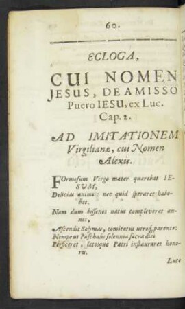 Ecloga, Cui Nomen Jesus, De Amisso Puero Iesu, ex Luc. Cap. 2.
